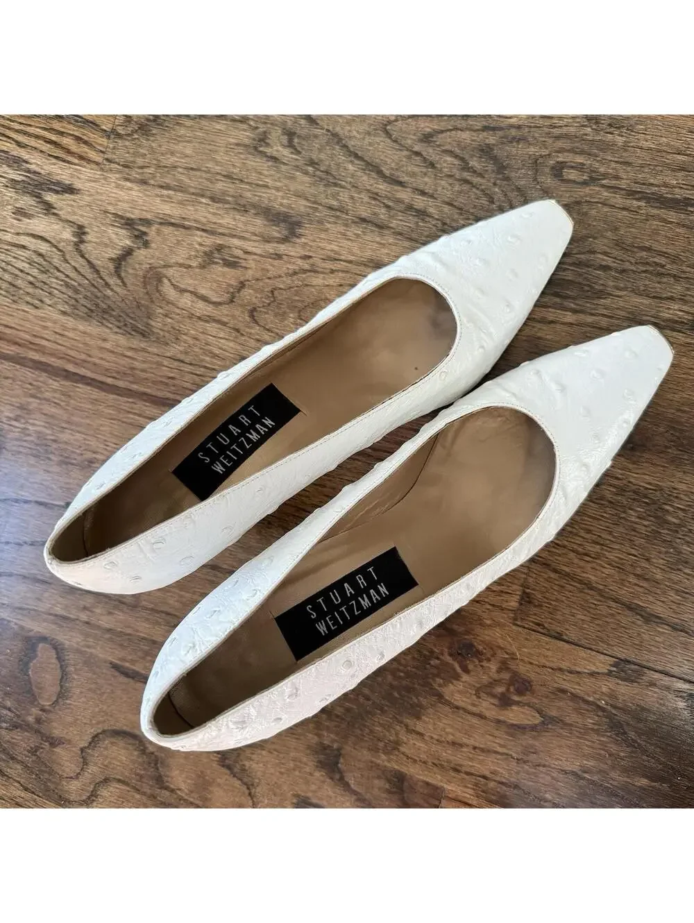 Stuart Weitzman White Textured Leather Pumps with Gold Toe Caps